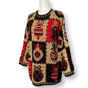 Vtg Gold Metallic Shimmer Lurex Knit Ornament Holiday Granny Christmas Sweater M